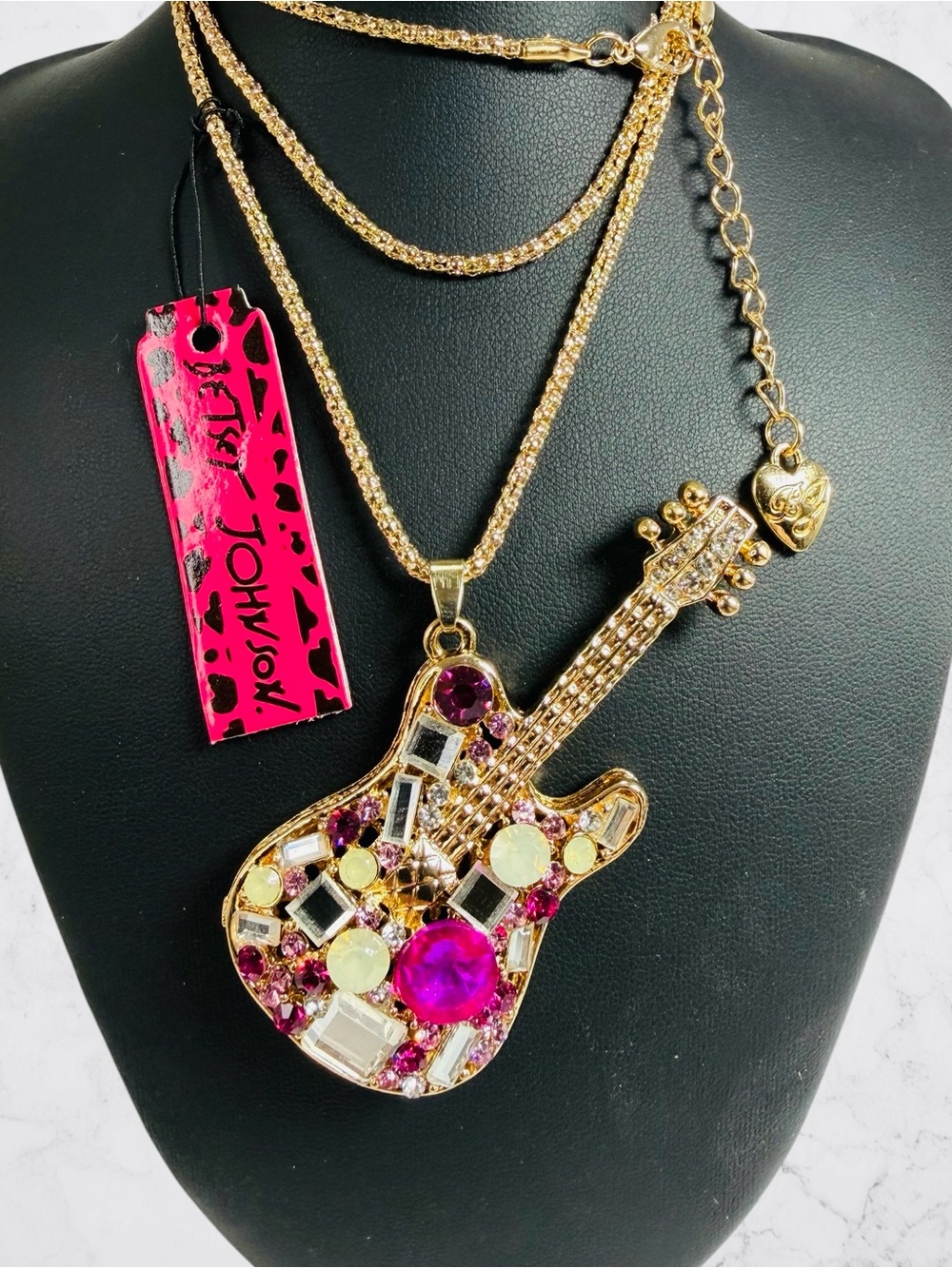 Betsey Johnson Guitar Necklace Gold Tone Pink White Purple Rhinestone 28” NWT